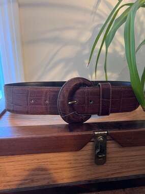 Vintage Milos Italian Brown Croc-Embossed Leather Belt with Wrapped Buckle